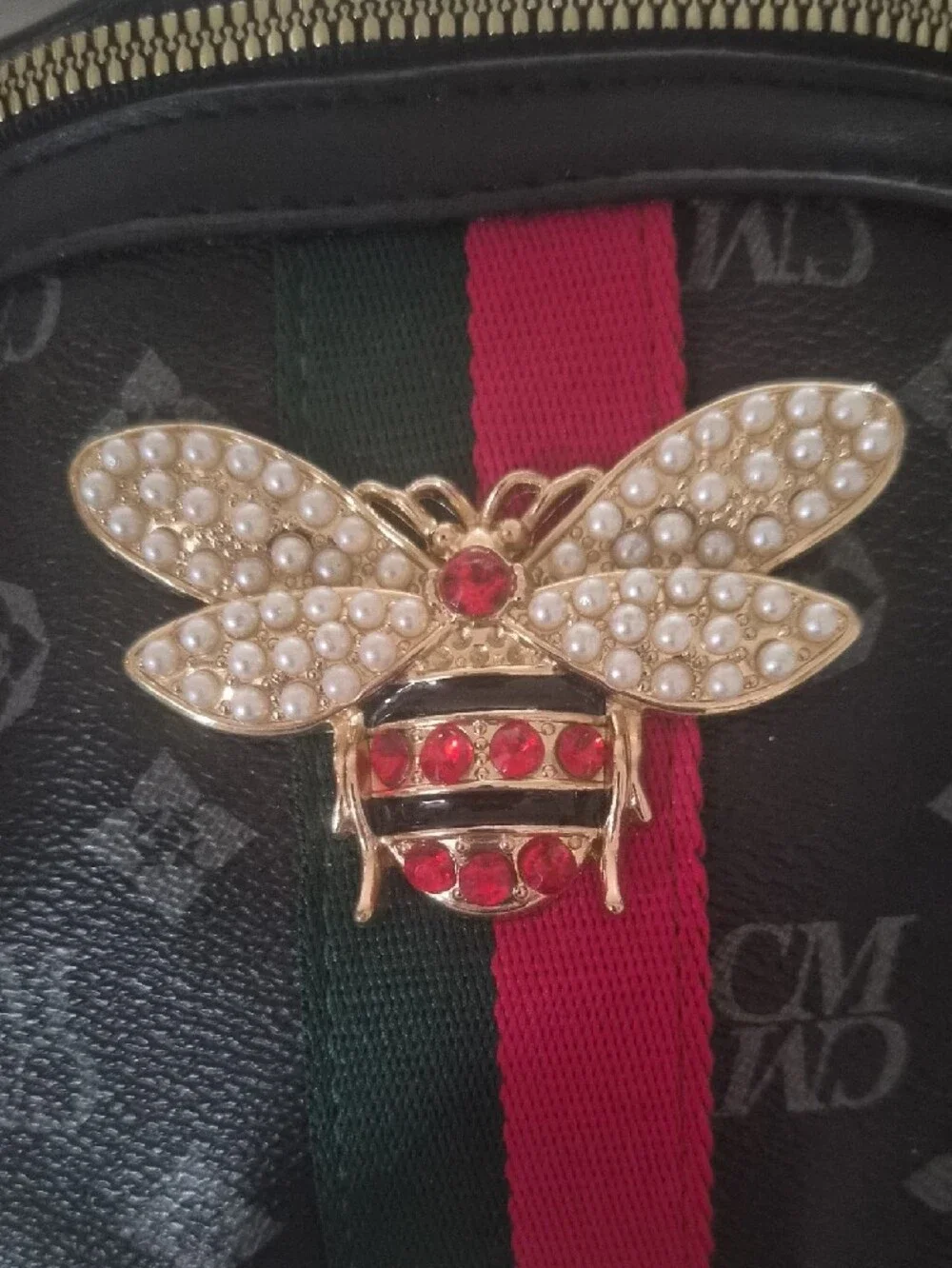 Charisma Black Crossbody Belt Bag with Red and Green Stripe and Pearl Bee